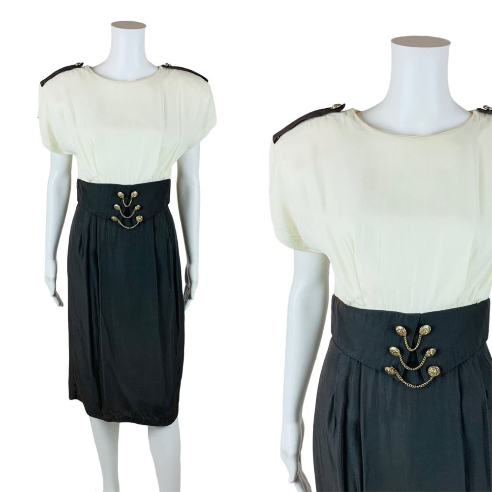 Vintage 1980s Dress Colorblock Epaulette Gold Chain Belt Illusion | W 27"
